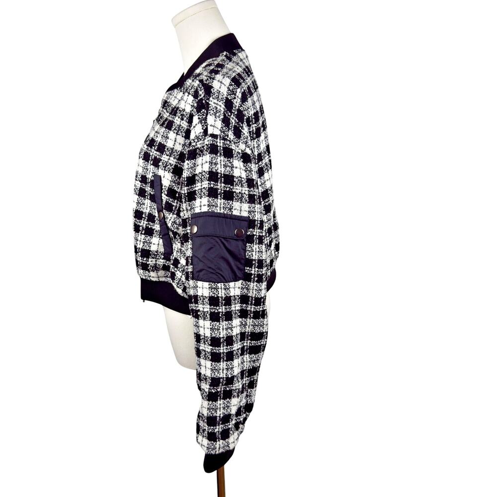 Anthropologie Maeve Black White Plaid Cropped Tweed Bomber Jacket LARGE - Picture 5 of 12